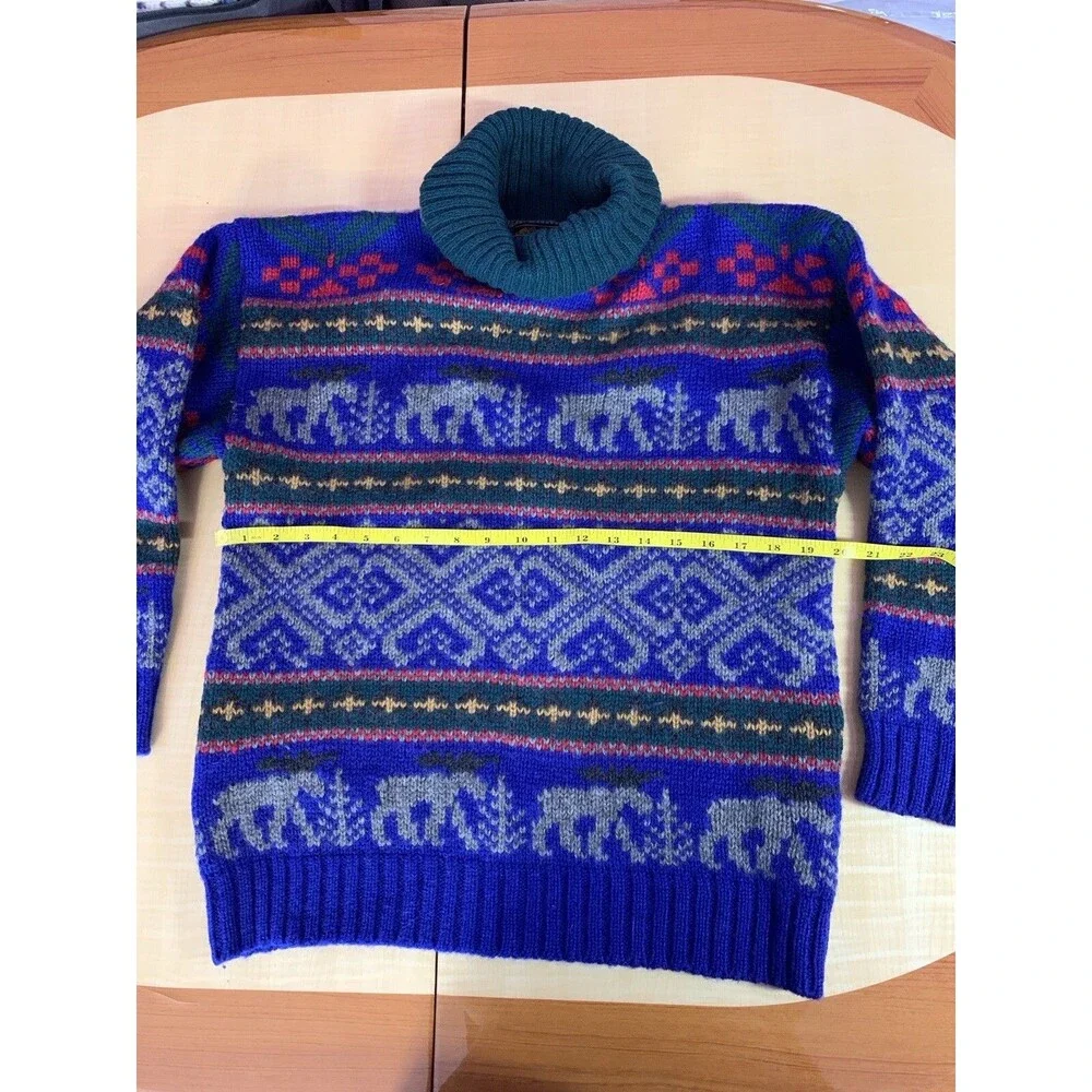 Eddie Bauer Sweater Pullover Vintage Wool turtleneck Deer Animals Geometric Aran - Picture 12 of 16